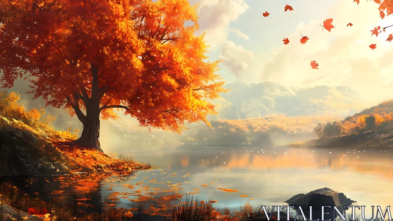 Golden autumn maple reflects in still misty mountain lake.