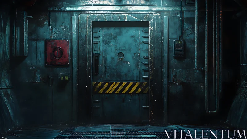 Industrial blast door in cyberpunk-grade bunker corridor.