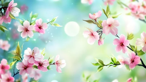 Spring Blossoms in Soft Focus: Pink Flowers Against Turquoise Sky.