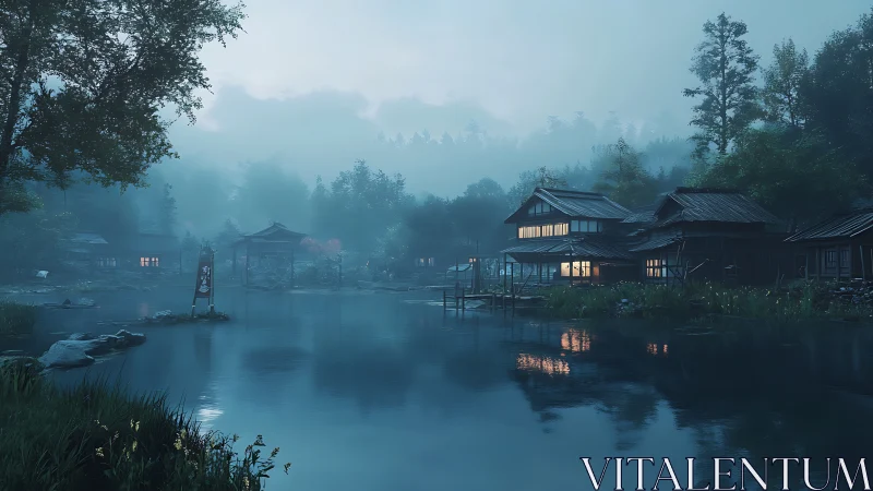 Foggy lakeside Japanese village at dusk with warm lit windows