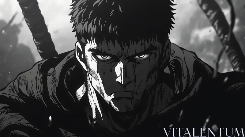 Brooding anime swordsman staring forward with intense focus