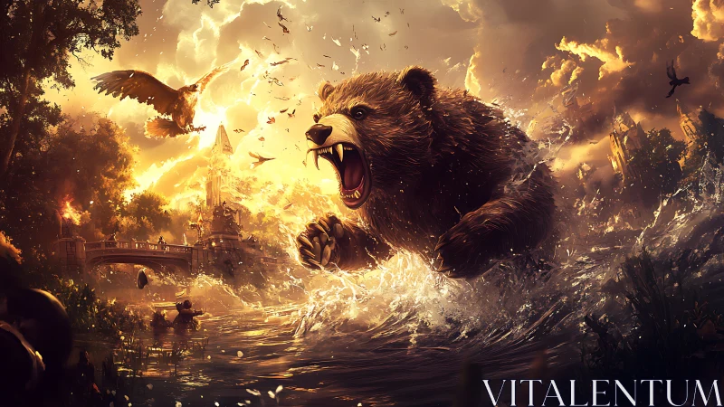 Roaring river bear storms a golden fantasy kingdom at dusk.