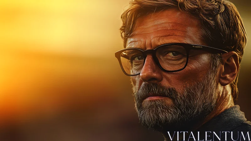 Sunlit gaze of a weathered thinker in molten amber dusk.