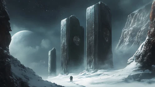 Glacial exoplanet plain with monolithic alien data pillars.