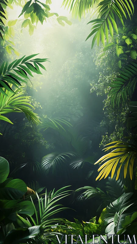 Misty Tropical Rainforest Canopy: Layered Vegetation Composition.