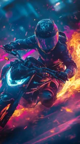 Neon street rider carves firelit curve in cyber storm.
