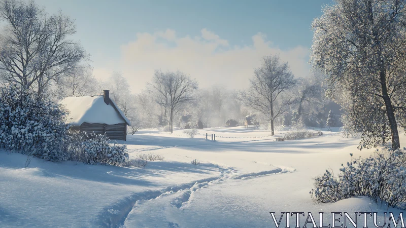Snow-covered rural landscape with cabin and bare trees.