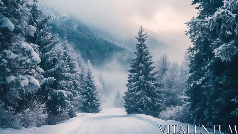 Snow-covered forest road extends into misty conifer valley