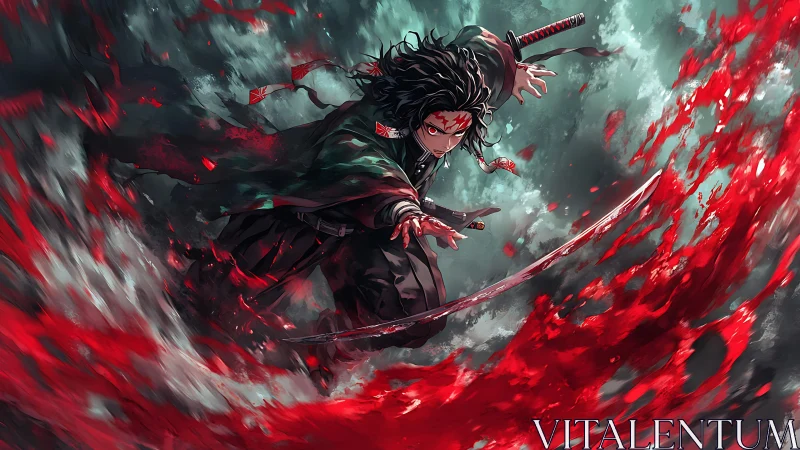 Fierce anime swordsman carving a storm of red power.