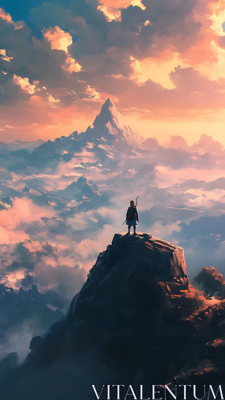 Epic summit wanderer under luminous alpine sky digital painting.