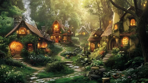 Fairytale woodland hamlet with warm cottage clustering design.