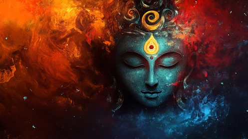 Abstract blue deity face with swirling fiery background.