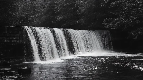 Serene Waterfall in Forest, Black and White Fine Art Photography.