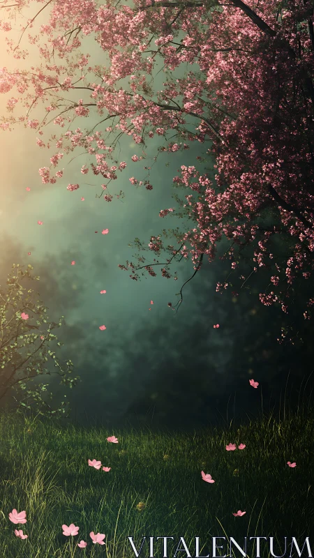 Spring blossoms drift softly across a misty forest glade