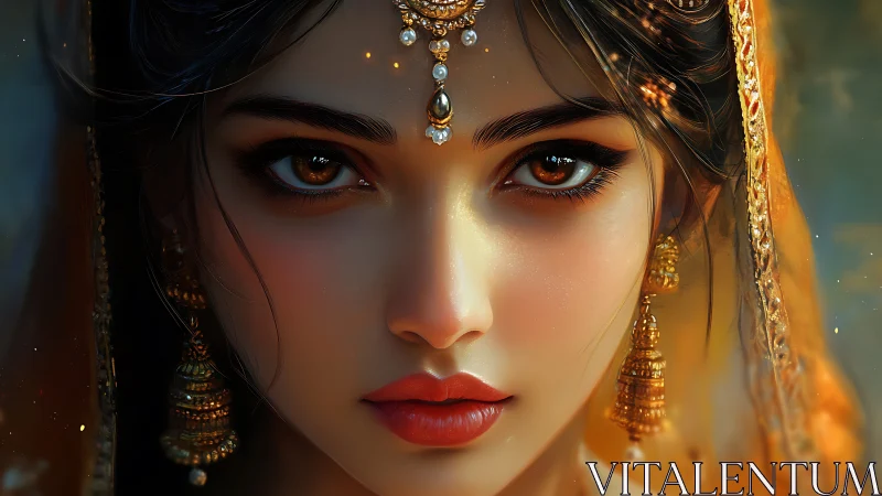 Ember-eyed princess in jeweled dusk, wrapped in quiet fire.