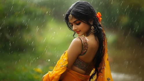 Photorealistic portrait in monsoon light with sari drapery focus.