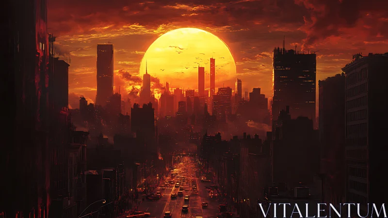 Digital painting skyline with apocalyptic sun and traffic gridlock.