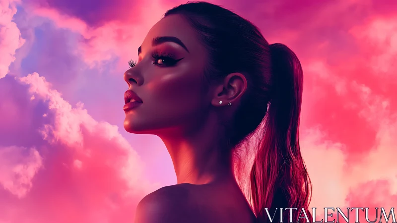 Digital portrait profile in neon pink twilight clouds.
