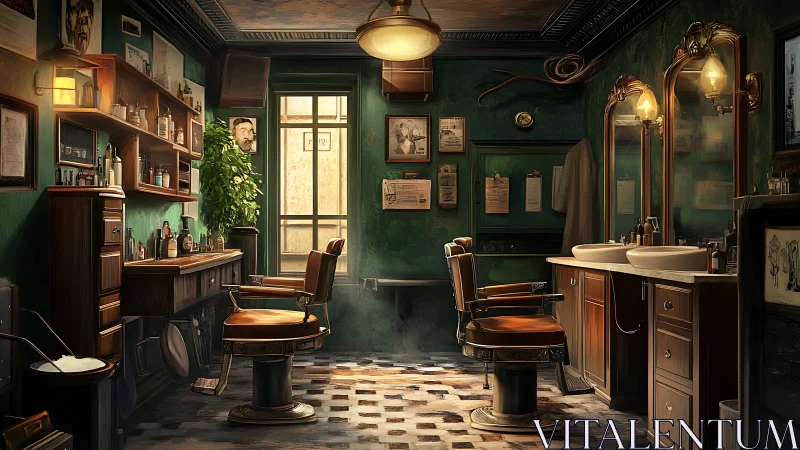 Interior view shows a vintage barbershop with two chairs