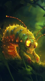 Glowing green caterpillar with bioluminescent details at night.