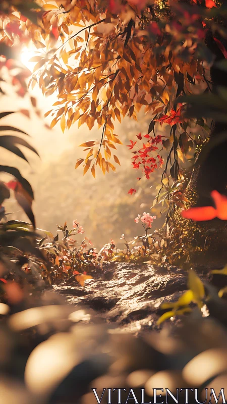 Sunlit foliage frames a shallow depth forest ground scene