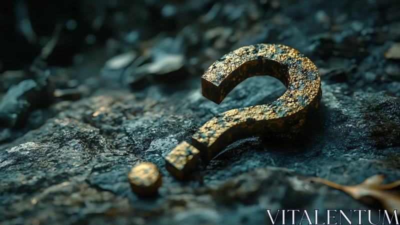 Rusty metallic question mark lies on textured rocky ground