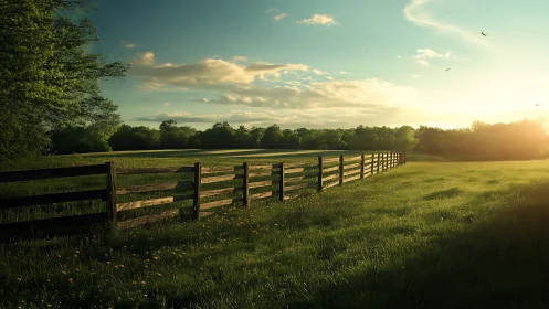 Wooden fence lines sunlit rural field at sunset.