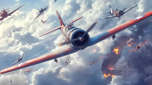 Dynamic WWII dogfight composition shows radial-engined fighters