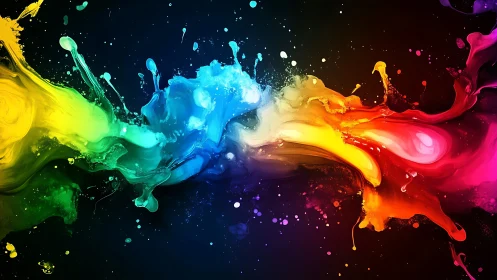 Colorful paint splash dancing across a deep dark canvas.