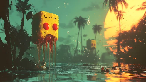 Melting cube creatures drift through a neon tropical sunset.