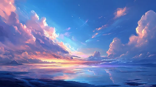 Sunset clouds drift over a tranquil mirrored ocean sky