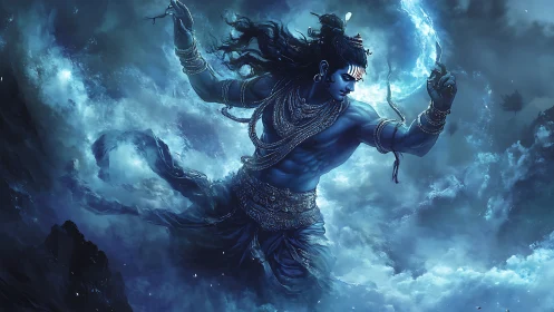 Blue-skinned divine warrior dancing in storm clouds.