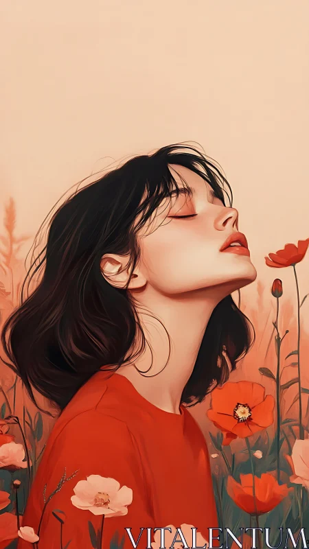 Young woman in red finding quiet peace among soft poppies.