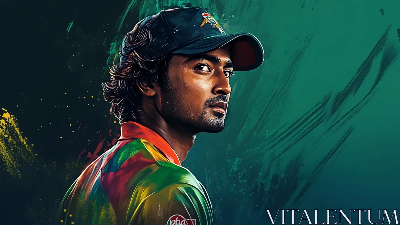 Cricket athlete portrait in dynamic digital pigment turbulence.