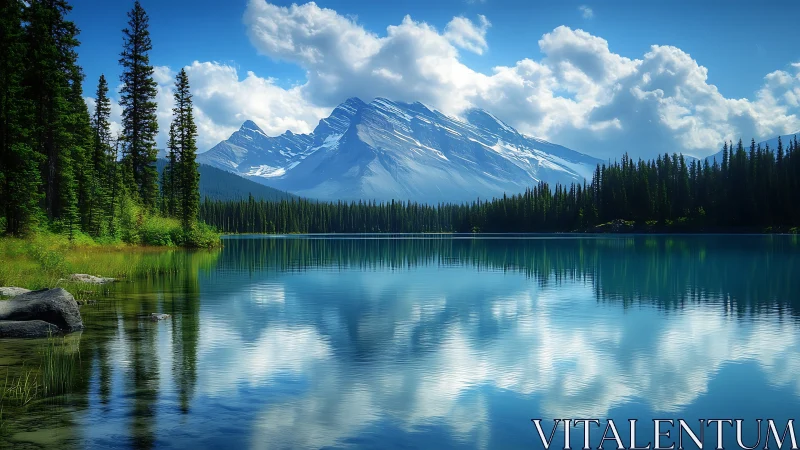 Mirror-still mountain lake quietly rehearses the sky