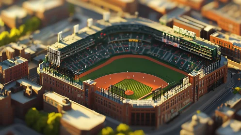 Sunlit baseball stadium model within dense city block.