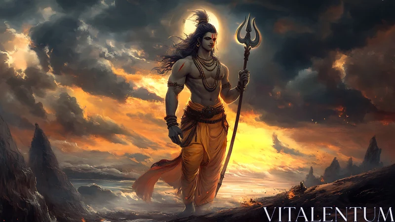 Mythic warrior figure with trident against stormy sunset sky.