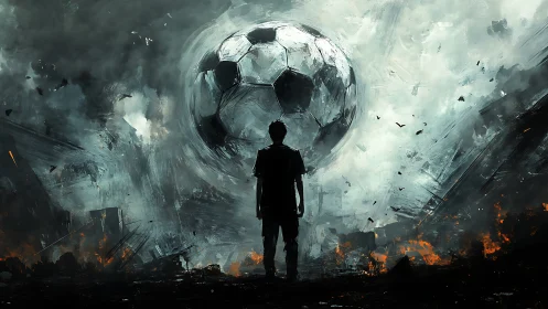 Silhouette faces giant soccer ball amid smoky, burning field