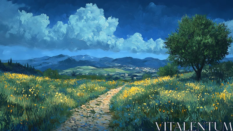 Path crosses wildflower field toward distant hills and town