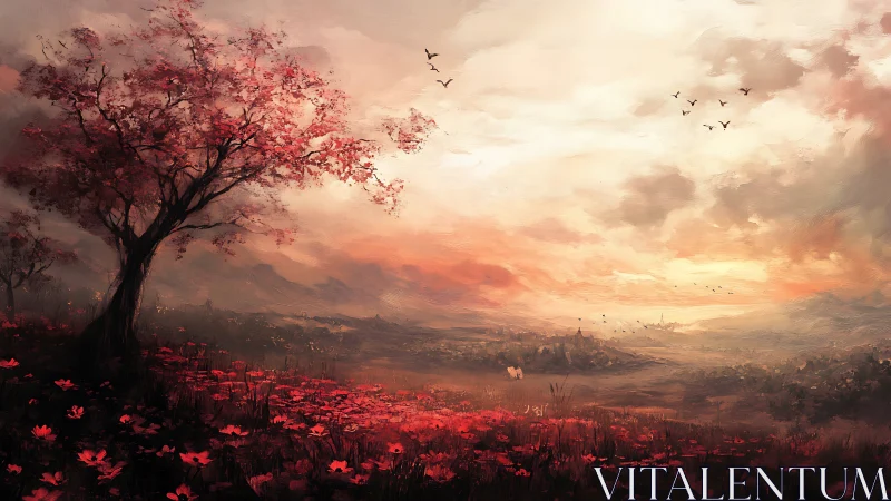 Landscape painting shows red-blossomed tree over distant valley