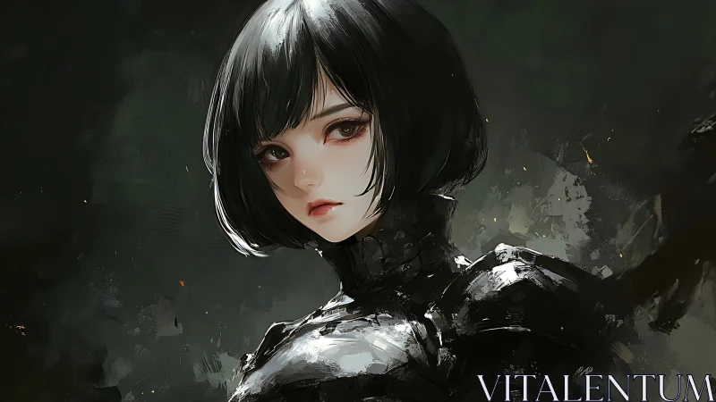Digital painting portrait of armored girl in chiaroscuro focus.