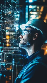 Engineer in luminous AR data grid within smart factory.