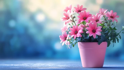 Pink Daisies Bloom in Pastel Harmony Against Dreamy Blue.