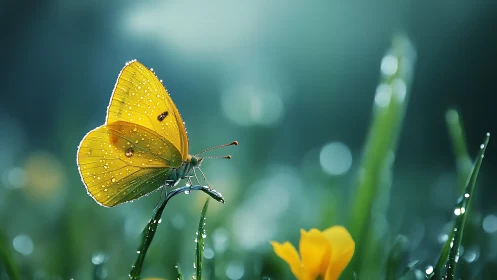 Yellow butterfly on dewy grass in soft morning light.