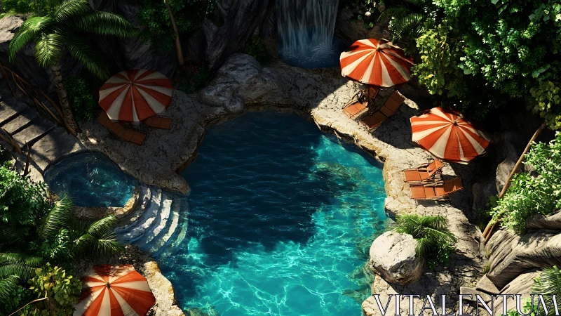 Tropical rock pool with striped umbrellas and loungers.