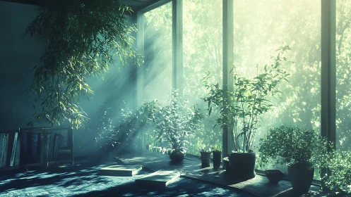 Sunlit indoor plants by tall windows in a quiet study.