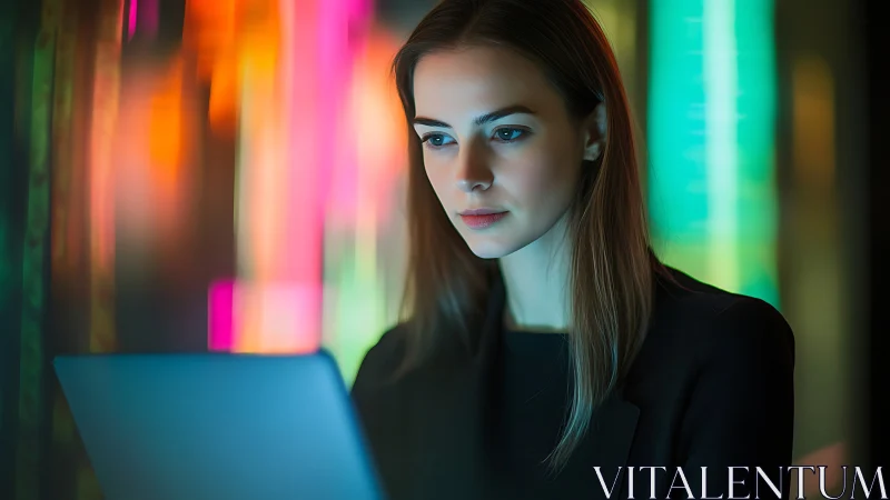 Focused professional at laptop amid neon color glow.