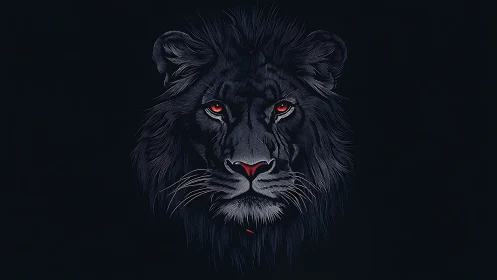 Stylized black lion portrait isolates crimson eyes on void