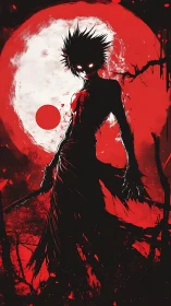 Blood-red moon crowns a feral shadow with burning eyes