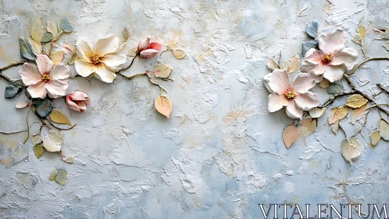 Relief floral composition with pastel impasto blossoms.